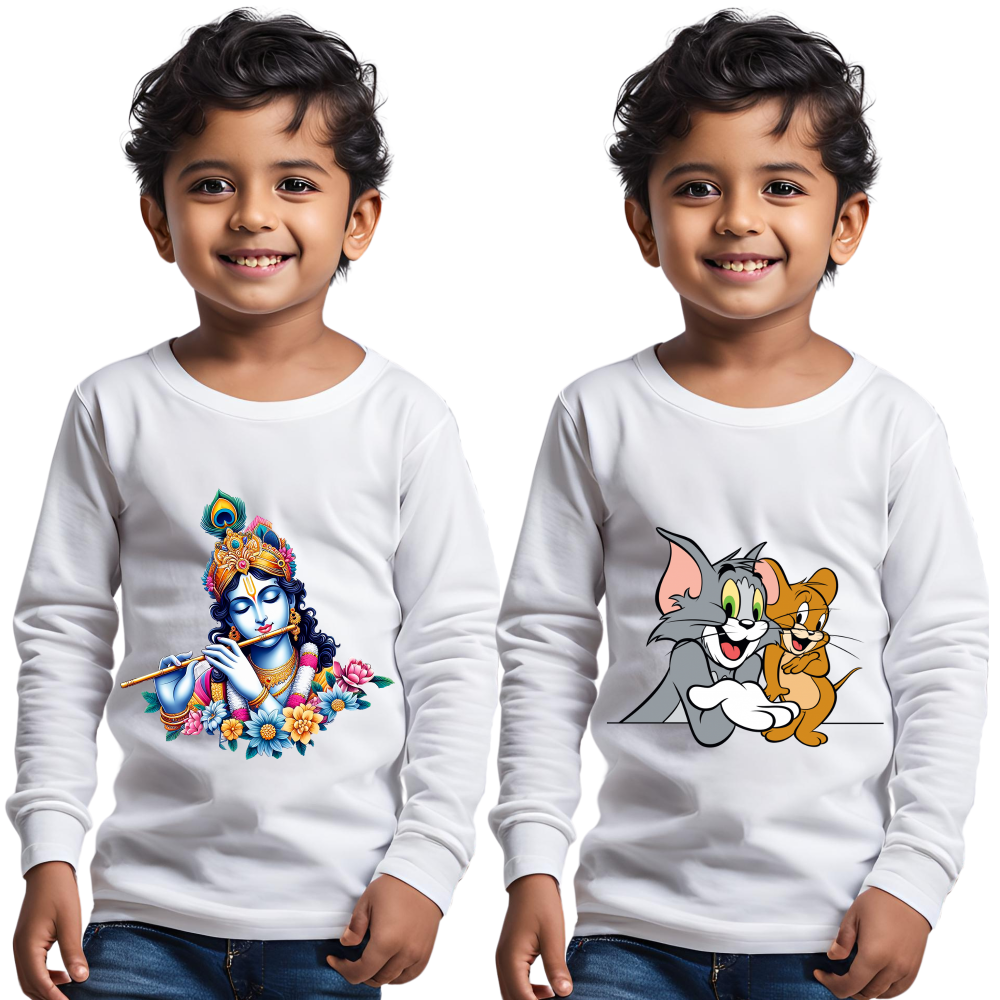 Flute Krishna and  Smiling Tom and Jerry kids full sleeves t-shirt combo